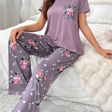Conjunto de pijama casual para mujer de verano con estampado floral, cuello redondo, manga corta, bolsillo, camiConjuntoa y pantalon largo.
