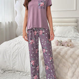 Conjunto de pijama casual para mujer de verano con estampado floral, cuello redondo, manga corta, bolsillo, camiConjuntoa y pantalon largo.
