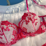 Conjunto de lenceria sexy translucida de dos piezas con bordados florales para mujeres de talla grande