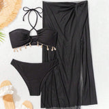 Swim Vcay Conjunto de bikini de correa cruzada halter de color puro para mujer para vacaciones con cobertura de malla y falda, tres piezas