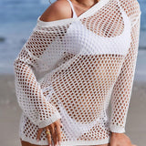 Swim Mujeres vacaciones en la playa vestido de encubrimiento de manga larga con hombros descubiertos, collar de solapa abatible, de unicolor y con diseno ahuecado