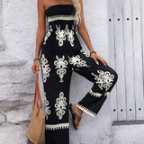 VCAY Women Summer Vacation Style Floral Print Strapless Wide Leg Jumpsuit