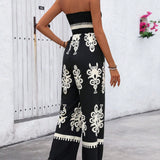 VCAY Women Summer Vacation Style Floral Print Strapless Wide Leg Jumpsuit