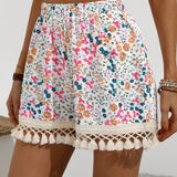 VCAY Mujeres Shorts con decoracion de borlas y estampado floral, adecuados para verano y vacaciones