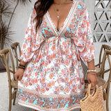 Vestido de verano corto de a grande para mujeres con estampado floral, mangas estilo murciélago, cintura suelta con lazo y ideal para vacaciones