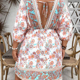 Vestido de verano corto de a grande para mujeres con estampado floral, mangas estilo murciélago, cintura suelta con lazo y ideal para vacaciones