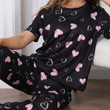 NEW Conjunto de pijama para mujer con estampado de corazones en camiseta de manga corta y cuello redondo digital y pantalon