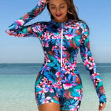 Swim SPRTY Traje de bano deportivo de una pieza con estampado tropical para mujer para la playa de verano