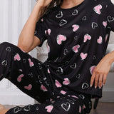 NEW Conjunto de pijama para mujer con estampado de corazones en camiseta de manga corta y cuello redondo digital y pantalon