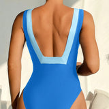 Swim Mujeres traje de bano de una sola pieza con cuello cuadrado, bloqueo de color, simple y elegante ropa de bano casual para vacaciones