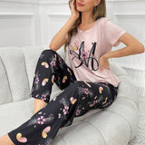 Conjunto de pijama de mujer con mangas cortas y pantalones largos, con estampado de letras y mariposas
