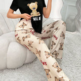 Conjunto de pijama para mujer con impresion de carta y oso, top de manga corta y pantalones largos