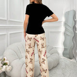Conjunto de pijama para mujer con impresion de carta y oso, top de manga corta y pantalones largos