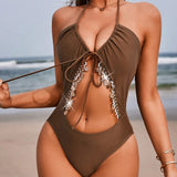 Swim Chicsea Traje de bano de una pieza sexy y moderno para mujer para vacaciones en la playa con decoracion brillante, corte en la cintura, halter con tiras para la espalda, traje de bano para la playa para el verano