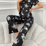 Conjunto de pijama para mujeres con estampado floral completo, manga corta y pantalon largo de moda