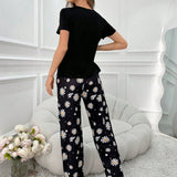 Conjunto de pijama para mujeres con estampado de margaritas, remera de manga corta con pantalones largos