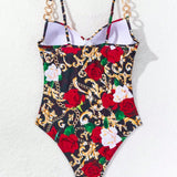 Swim Vcay Traje de bano de una pieza con estampado floral para mujeres con corte cruzado en el cuello y detalle de cadena de metal