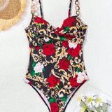 Swim Vcay Traje de bano de una pieza con estampado floral para mujeres con corte cruzado en el cuello y detalle de cadena de metal