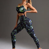 Yoga Trendy Conjunto deportivo para mujeres de chaleco de cuello redondo y pantalones largos con letras impresas a la moda para yoga