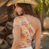 Forever 21 Top de verano para mujeres con estampado floral en un hombro y manga corta ajustada para vacaciones