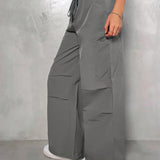 EZwear Pantalones De Pierna Ancha Tejidos De Mujer En Gris Con Bolsillos Multiples