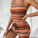 VCAY Conjunto de chaleco con cuello halter y shorts de cintura alta de estilo veraniego y multicolor para mujer, ideal para vacaciones en la playa