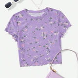 EZwear Women Plus Size Short Sleeve T-Shirt, Mesh See-Through Purple Floral Pattern, Wave Cut Hem, Slim Fit, Perfect For Summer Holiday