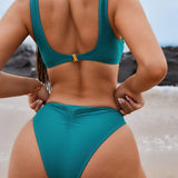 Swim Basics Conjunto de traje de bano plisado de unicolor para mujeres con sosten y Bottom del bikini para nado y vacaciones