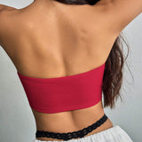 EZwear Top Brasier sin tirantes Rojo de Verano con Pliegues Frontales y Abertura Lateral