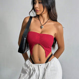 EZwear Top Brasier sin tirantes Rojo de Verano con Pliegues Frontales y Abertura Lateral