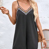 VCAY Solid Color Woven Neckline & Fringe Trim Splice Playsuit For Vacation