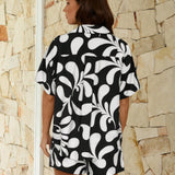 VCAY Camisa de mujer elegante y con estilo para vacaciones impresa en negro y blanco