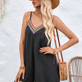 VCAY Solid Color Woven Neckline & Fringe Trim Splice Playsuit For Vacation
