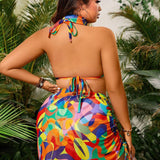 Swim Vcay Conjunto de trajes de bano de talla grande con estampado colorido aleatorio para vacaciones y playa