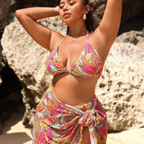Swim Vcay Conjunto de bikini de cuello halter con estampado tropical y falda de pareo a juego para mujeres de talla grande