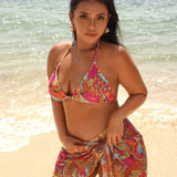 Swim Vcay Conjunto de bikini de cuello halter con estampado tropical y falda de pareo a juego para mujeres de talla grande