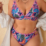 Swim Vcay Conjunto de bikini de talla grande para mujeres con estampado de plantas tropicales, moda minimalista para tus vacaciones