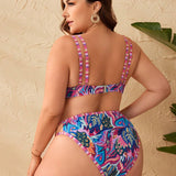 Swim Vcay Conjunto de bikini de talla grande para mujeres con estampado de plantas tropicales, moda minimalista para tus vacaciones
