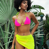 Set de bikini de verano de estilo vacacional de 3 piezas con top de traje de bano con borde de bloque de color y lazo trasero + fondo de bikini + falda transparente anudada