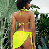 Swim Vcay Juego de bikini con tirantes traseros de borde de colores bloqueados con falda transparente con nudos al estilo de vacaciones de verano de 3 piezas