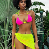 Swim Vcay Juego de bikini con tirantes traseros de borde de colores bloqueados con falda transparente con nudos al estilo de vacaciones de verano de 3 piezas