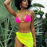 Set de bikini de verano de estilo vacacional de 3 piezas con top de traje de bano con borde de bloque de color y lazo trasero + fondo de bikini + falda transparente anudada