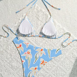 Swim Conjunto de bikini para mujer con estampado completo de estilo playero con cuello halter y lazos en la espalda para vacaciones de verano