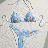 Swim Conjunto de bikini para mujer con estampado completo de estilo playero con cuello halter y lazos en la espalda para vacaciones de verano