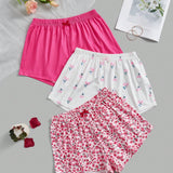 Conjunto de pijama para mujer de 3 piezas con estampado floral y shorts decorados con lazo