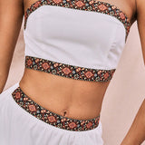 WYWH Conjunto de 2 piezas de verano Patchwork Lace Strapless Top+Ruffle Hem Skirt