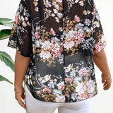 Clasi Blusa De a Grande Con Paneles De Malla Y Mangas Ondulantes Con Estampado Floral