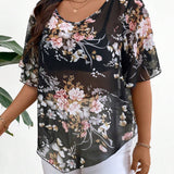 Clasi Blusa De a Grande Con Paneles De Malla Y Mangas Ondulantes Con Estampado Floral