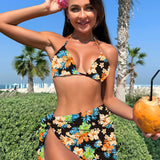 Swim Vcay Conjunto de bikini de moda simple para mujer con estampado de planta tropical, cuello halter, combinado con cubierta y falda para vacaciones