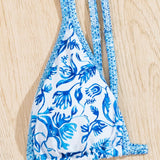 Swim Vcay Bikini de espalda abierta con estampado de plantas, detalle nudos y copas acolchadas removibles, perfecto para verano en la playa